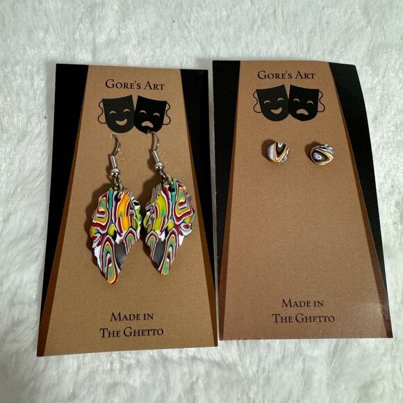 Gores Art Handmade Polymer Clay Earrings Duo: Leaf Dangles & Studs NOLA  New - Picture 5 of 5